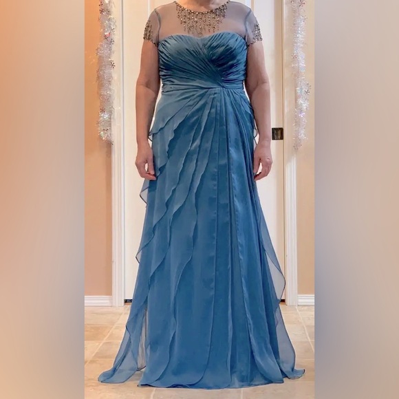 Adrianna Papell formal long gown, size 10 smoky blue with crystals. - Picture 3 of 10